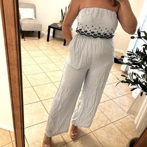 Blue and white striped jumpsuit
